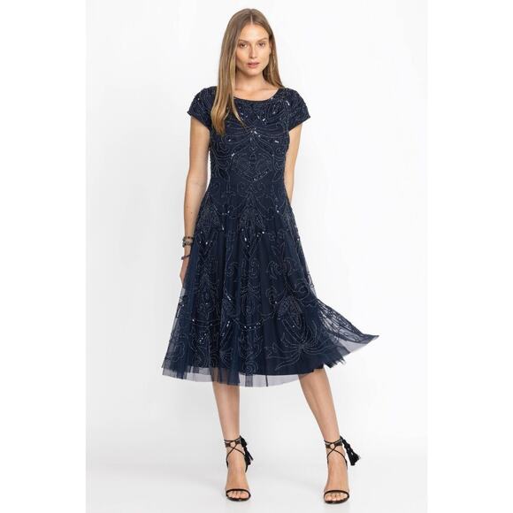 NWT Designer Johnny Was Navy Paisley Beaded Mesh Party Dress Size 2 - Picture 2 of 5
